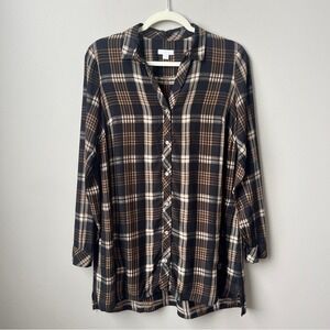 J. Jill Tunic Women's XS Black Tan Plaid Rayon Classic Preppy Lodge Cabin Scandi